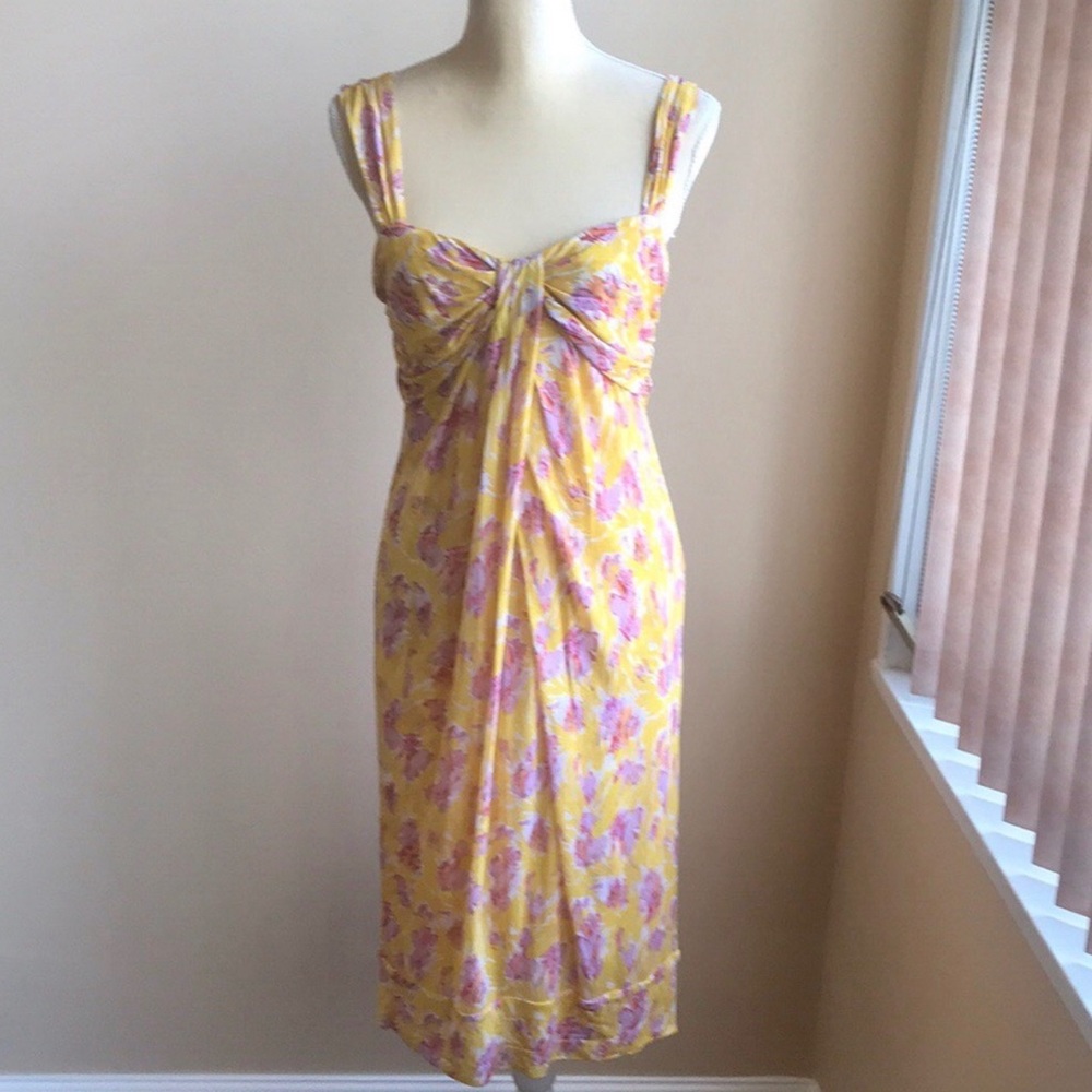 DVF Diane von Furstenberg yellow printed pink floral silk Midi Stretchy dress 8